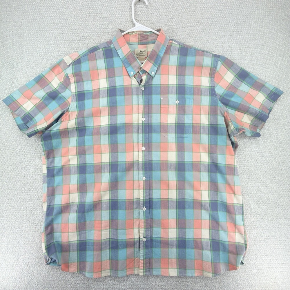 LL Bean‎ Mens Shirt 2XL Tall Pastel Plaid Comfort Stretch Chambray Button Down